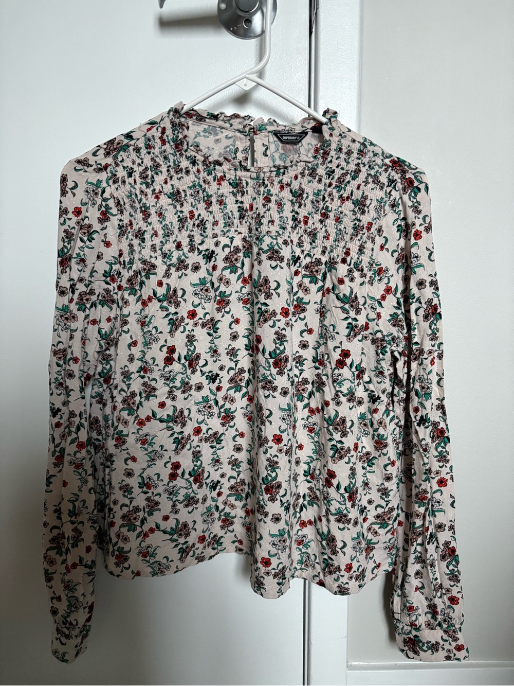 Superdry Cream Floral Smocked Long-Sleeve Blouse size US 4